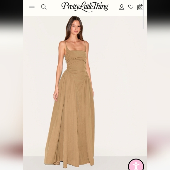 NWT PrettyLittleThing Mushroom Woven Ruched Strappy Maxi Dress - Picture 1 of 6
